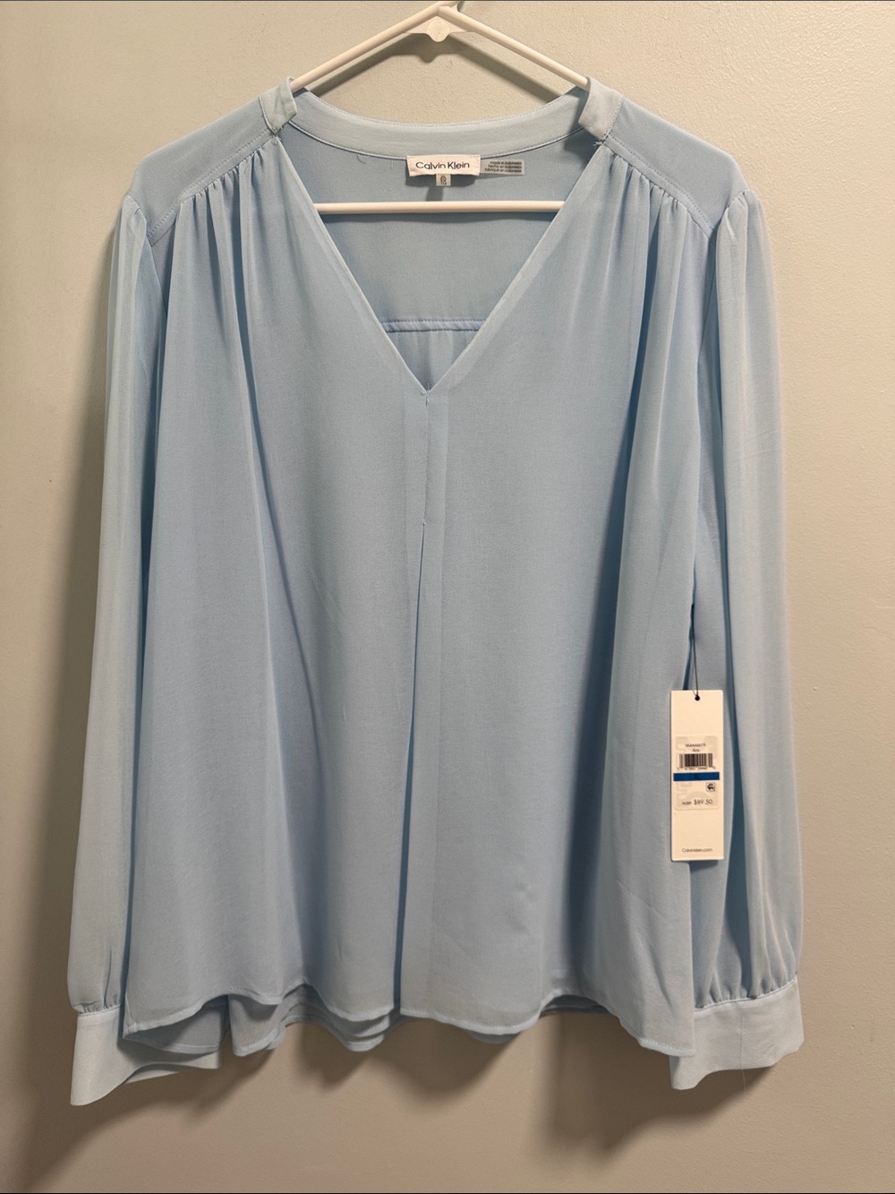 Calvin Klein Pale Blue V-Neck Long Sleeve Blouse